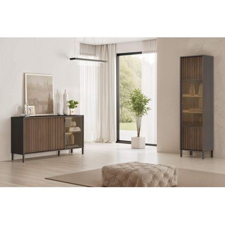 Buffet 155 cm DENZEL cadre alluminium avec 2 portes en bois cannelé et 1 porte vitrée