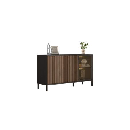 Buffet 155 cm DENZEL cadre alluminium avec 2 portes en bois cannelé et 1 porte vitrée