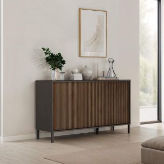 Buffet 155 cm DENZEL avec 3 portes en bois cannelé décor lave / chêne mercure