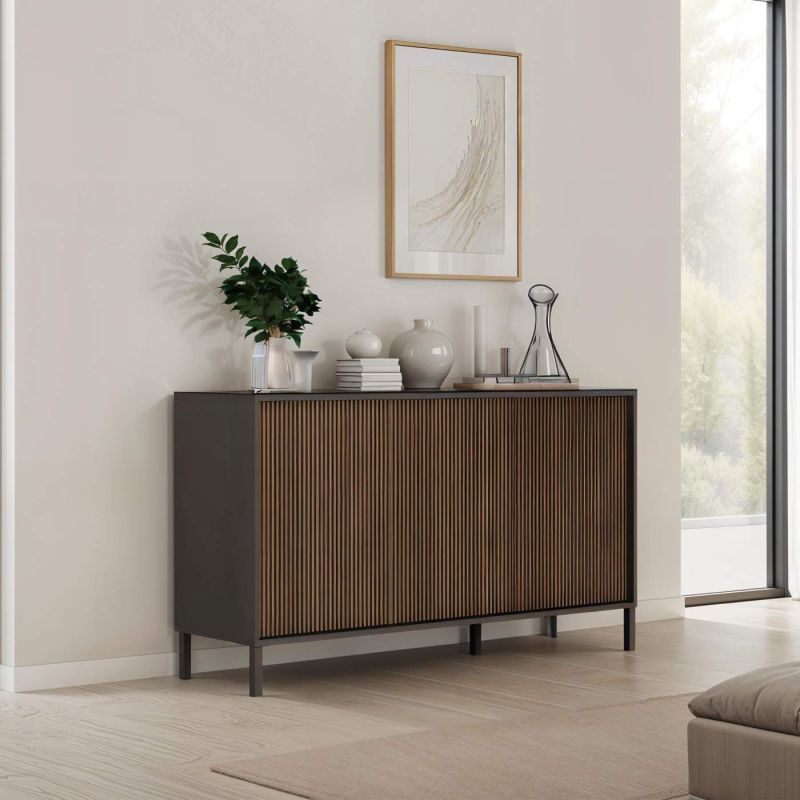 Buffet 155 cm DENZEL avec 3 portes en bois cannelé décor lave / chêne mercure