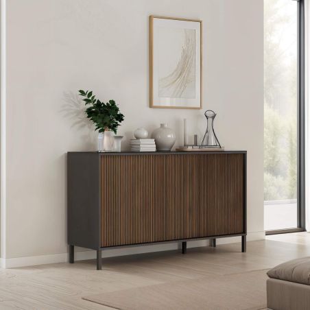 Buffet 155 cm DENZEL avec 3 portes en bois cannelé décor lave / chêne mercure