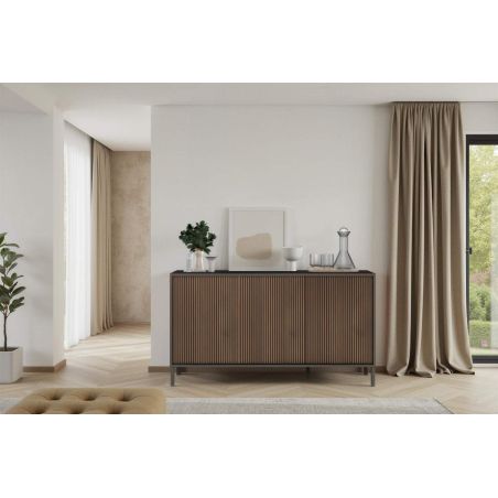 Buffet 155 cm DENZEL avec 3 portes en bois cannelé décor lave / chêne mercure