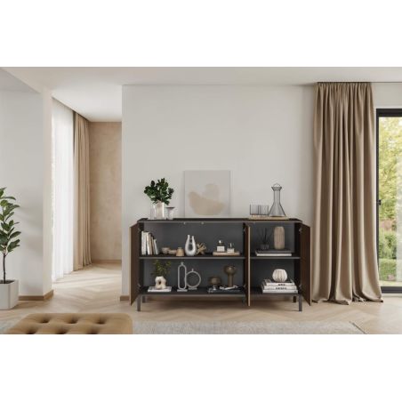 Buffet 155 cm DENZEL avec 3 portes en bois cannelé décor lave / chêne mercure