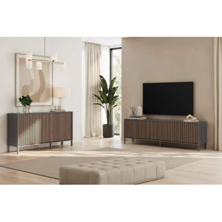 Buffet 155 cm DENZEL avec 3 portes en bois cannelé décor lave / chêne mercure