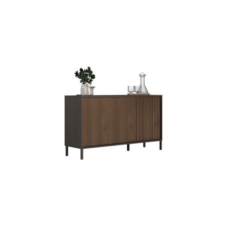 Buffet 155 cm DENZEL avec 3 portes en bois cannelé décor lave / chêne mercure