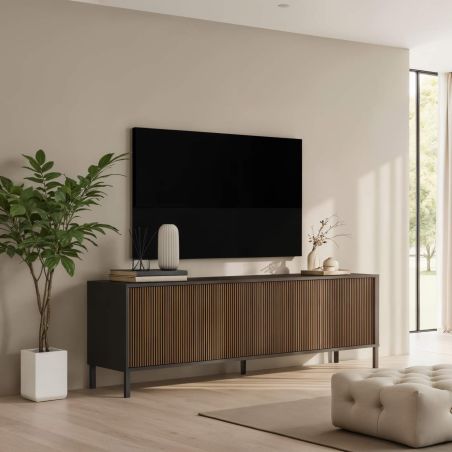 Meuble TV 205 cm DENZEL avec 4 portes en bois cannelé décor lave / chêne mercure