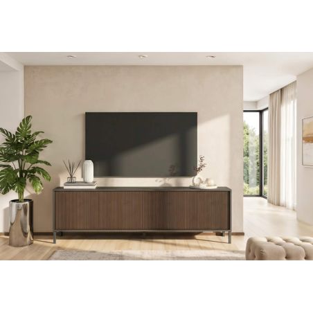 Meuble TV 205 cm DENZEL avec 4 portes en bois cannelé décor lave / chêne mercure
