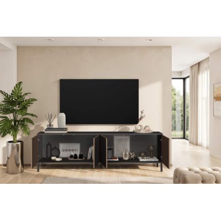 Meuble TV 205 cm DENZEL avec 4 portes en bois cannelé décor lave / chêne mercure