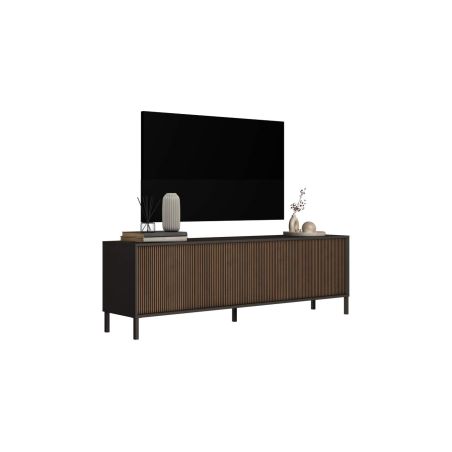Meuble TV 205 cm DENZEL avec 4 portes en bois cannelé décor lave / chêne mercure