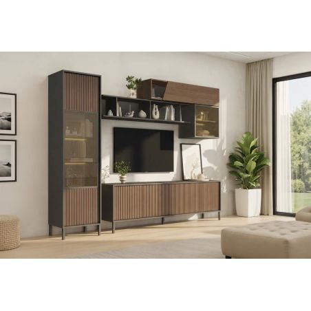 Meuble TV 205 cm DENZEL avec 4 portes en bois cannelé décor lave / chêne mercure