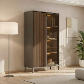 Meuble TV 205 cm DENZEL avec 4 portes en bois cannelé décor lave / chêne mercure