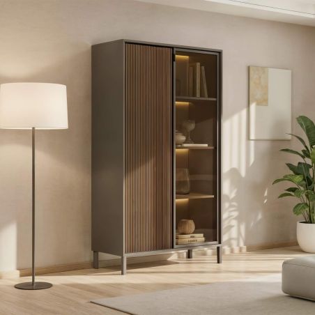 Meuble TV 205 cm DENZEL avec 4 portes en bois cannelé décor lave / chêne mercure