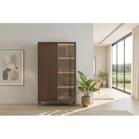 Meuble TV 205 cm DENZEL avec 4 portes en bois cannelé décor lave / chêne mercure