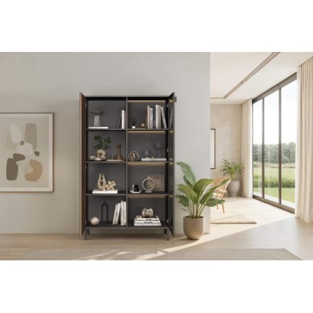 Meuble TV 205 cm DENZEL avec 4 portes en bois cannelé décor lave / chêne mercure