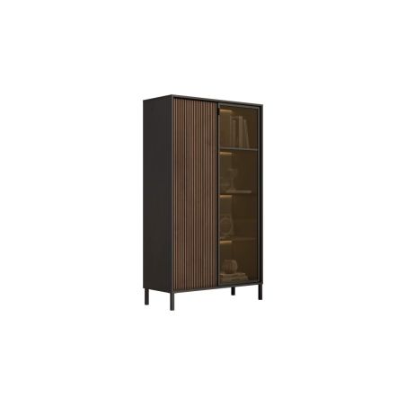 Meuble TV 205 cm DENZEL avec 4 portes en bois cannelé décor lave / chêne mercure