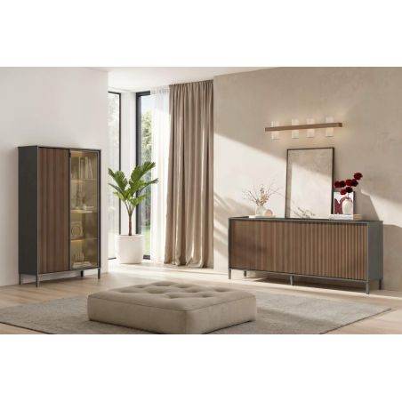 Meuble TV 205 cm DENZEL avec 4 portes en bois cannelé décor lave / chêne mercure