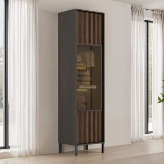 Vitrine 54 cm DENZEL avec 1 porte vitrée en bois cannelé éclairage LED inclus
