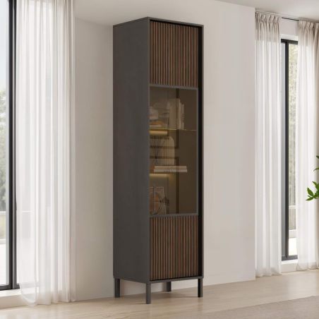 Vitrine 54 cm DENZEL avec 1 porte vitrée en bois cannelé éclairage LED inclus