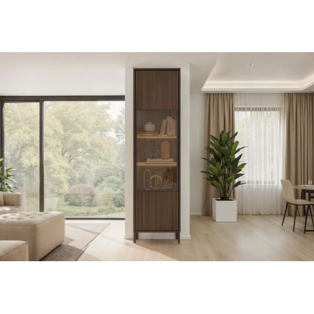 Vitrine 54 cm DENZEL avec 1 porte vitrée en bois cannelé éclairage LED inclus