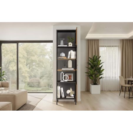 Vitrine 54 cm DENZEL avec 1 porte vitrée en bois cannelé éclairage LED inclus