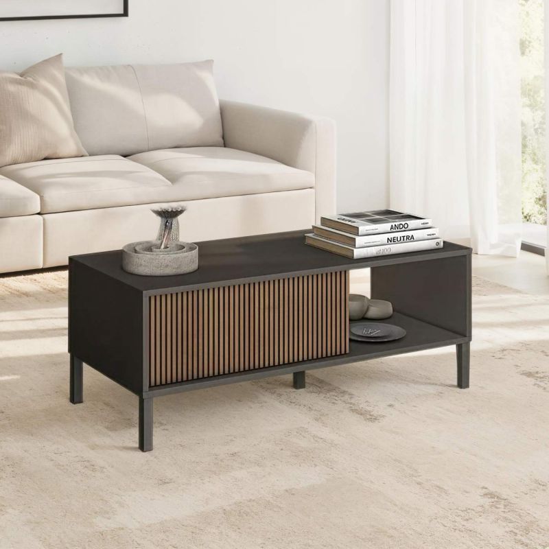 Table basse 205 cm DENZEL avec 4 portes en bois cannelé décor lave / chêne mercure