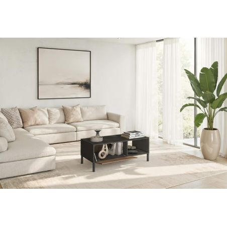 Table basse 205 cm DENZEL avec 4 portes en bois cannelé décor lave / chêne mercure