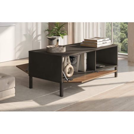 Table basse 205 cm DENZEL avec 4 portes en bois cannelé décor lave / chêne mercure