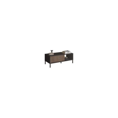Table basse 205 cm DENZEL avec 4 portes en bois cannelé décor lave / chêne mercure