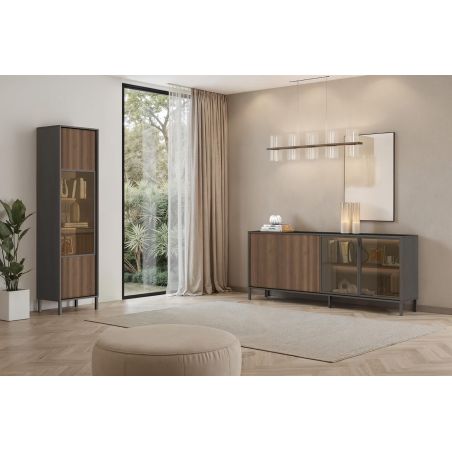 Buffet 205 cm DENZEL avec 2 portes pleines et 2 portes vitrées avec éclairage LED inclus