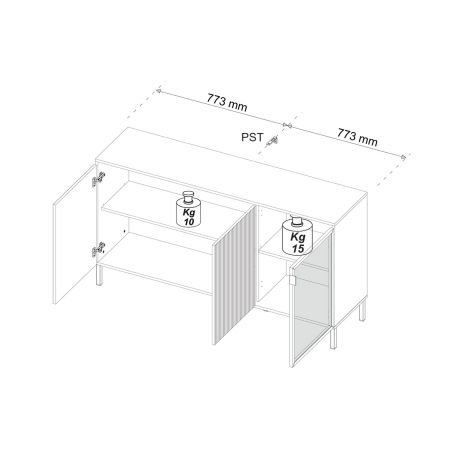 Buffet 155 cm DENZEL avec 2 portes en bois cannelé et 1 porte vitrée éclairage LED inclus