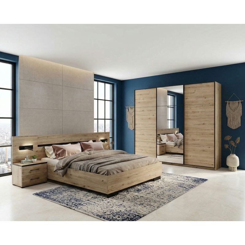 Chambre adulte DANIEL avec armoire 3 portes couissantes en décor chêne cuivre