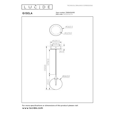 Lucide GISELA - Suspension - Ø 16 cm - LED Dim. - 1x5W 2700K - Ambre - Premium