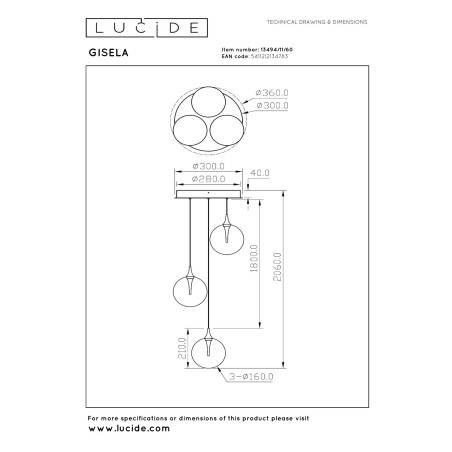 Lucide GISELA - Suspension - Ø 36 cm - LED Dim. - 3x4,3W 2700K - Transparent - Premium