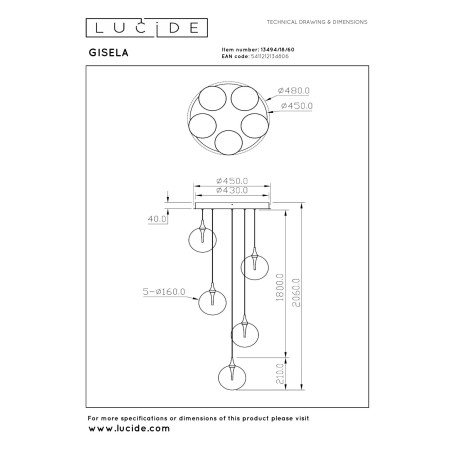 Lucide GISELA - Suspension - Ø 48 cm - LED Dim. - 5x3,8W 2700K - Transparent - Premium