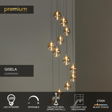 Lucide GISELA - Suspension - Ø 61 cm - LED Dim. - 12x3,5W 2700K - Convient aux mezzanines et plafonds hauts - Ambre - Premium