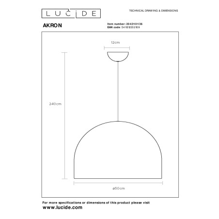 Lucide AKRON - Suspension - Ø 50 cm - 1xE27 - Convient aux mezzanines et plafonds hauts - Gris - Premium