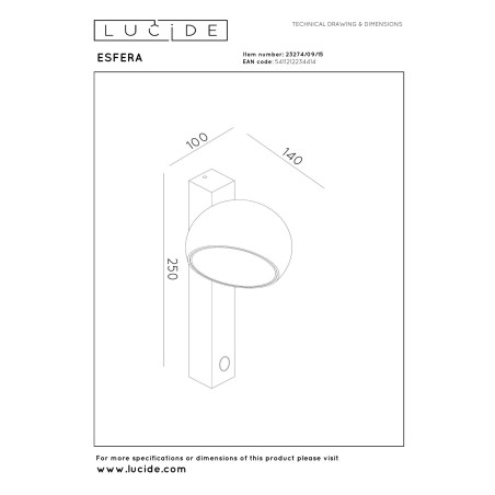 Lucide ESFERA - Applique murale - LED Dim. - 1x9W 2700K - Fer gris - Premium