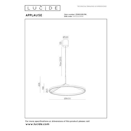 Lucide APPLAUSE - Suspension - Ø 80 cm - LED Dim. - CCT - 1x50W 2700K/4000K - Détecteur à balayage manuel - Café - Premium