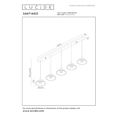 Lucide SANTIAGO - Suspension - LED Dim. - CCT - 5x10W 2700K/4000K - Ambre - Premium