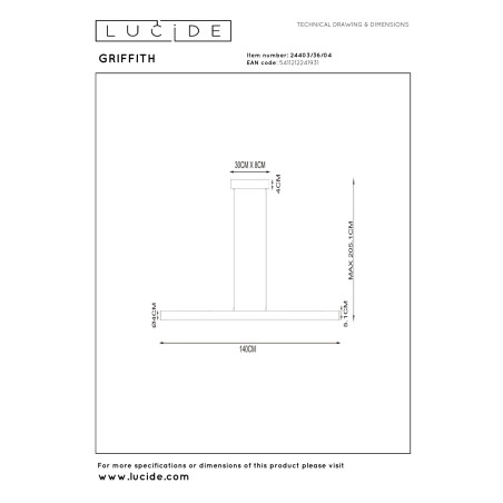 Lucide GRIFFITH - Suspension - LED Dim. - CCT - 1x33W 2700K/4000K - Bronze - Premium