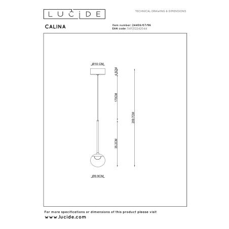Lucide CALINA - Suspension - Ø 9,9 cm - LED Dim. - CCT - 1x7W 2200K/3300K - Avec module LED remplaçable - Café - Premium