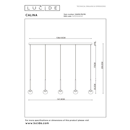 Lucide CALINA - Suspension - LED Dim. - CCT - 5x8,2W 2200K/3300K - Avec module LED remplaçable - Café - Premium