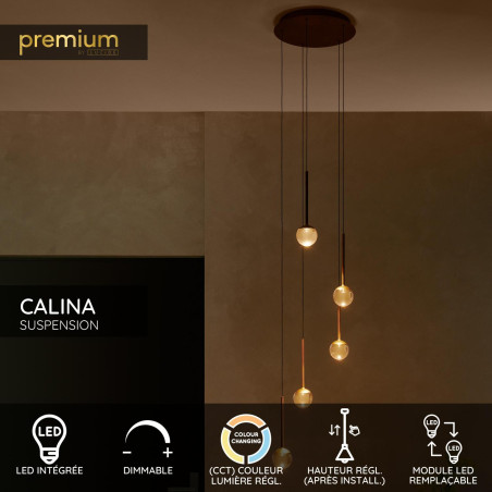 Lucide CALINA - Suspension - Ø 41,9 cm - LED Dim. - CCT - 5x8,2W 2200K/3300K - Avec module LED remplaçable - Ambre - Premium