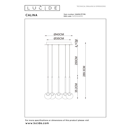 Lucide CALINA - Suspension - Ø 41,9 cm - LED Dim. - CCT - 5x8,2W 2200K/3300K - Avec module LED remplaçable - Ambre - Premium