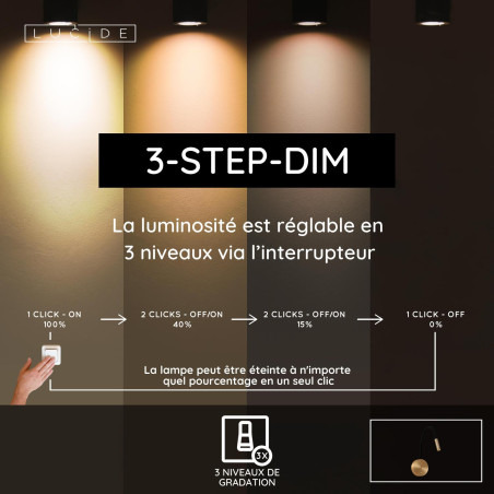 Lucide ASJA - Spot mural / Applique mural Rechargeable - Batterie/Piles - LED 3 StepDim - 1x3W 2700K - Or Mat / Laiton - Premium