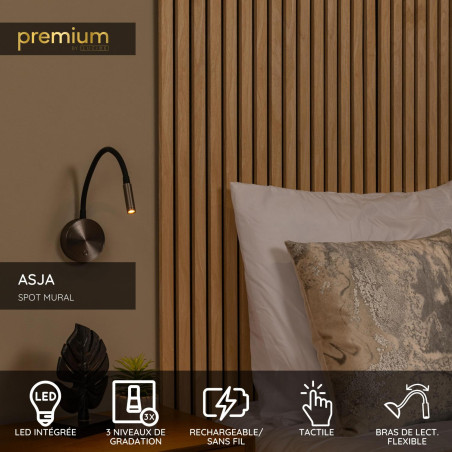 Lucide ASJA - Spot mural / Applique mural Rechargeable - Batterie/Piles - LED 3 StepDim - 1x3W 2700K - Fer gris - Premium