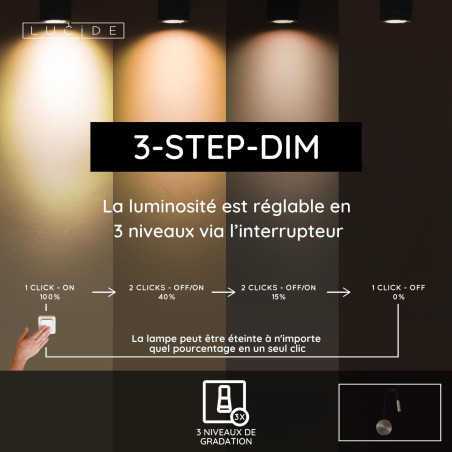 Lucide ASJA - Spot mural / Applique mural Rechargeable - Batterie/Piles - LED 3 StepDim - 1x3W 2700K - Fer gris - Premium