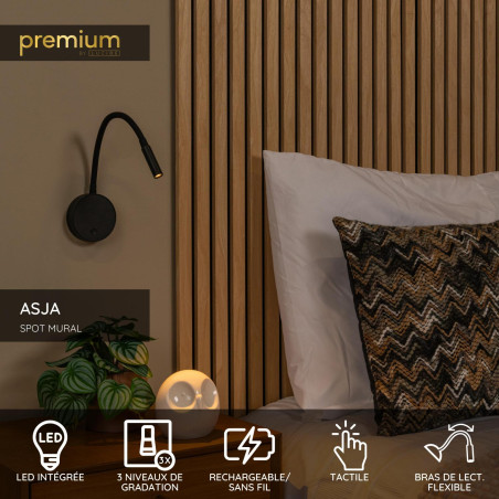 Lucide ASJA - Spot mural / Applique mural Rechargeable - Batterie/Piles - LED 3 StepDim - 1x3W 2700K - Noir - Premium