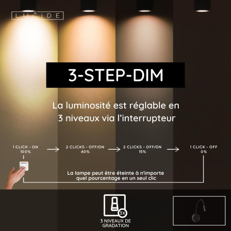 Lucide ASJA - Spot mural / Applique mural Rechargeable - Batterie/Piles - LED 3 StepDim - 1x3W 2700K - Noir - Premium