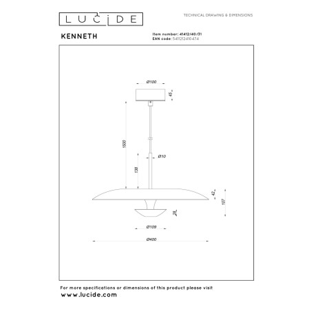 Lucide KENNETH - Suspension - Ø 40 cm - LED Dim. - 1x12W 2700K - Blanc - Premium